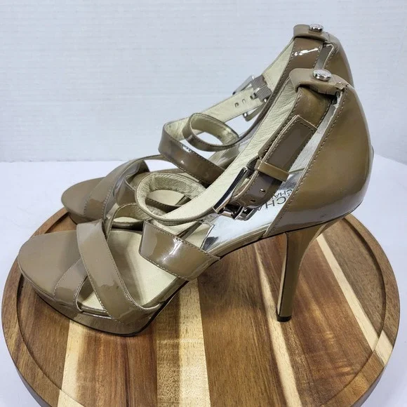 Michael Kors ST15F Olive Tan Patent Leather Multi Strap Platform Sandals Size 9M - Picture 9 of 13